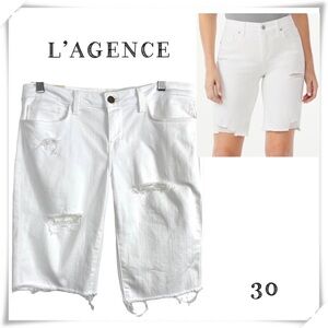 L'AGENCE Ripped Distressed Custom Cut off Hem Denim Shorts in White Size 30